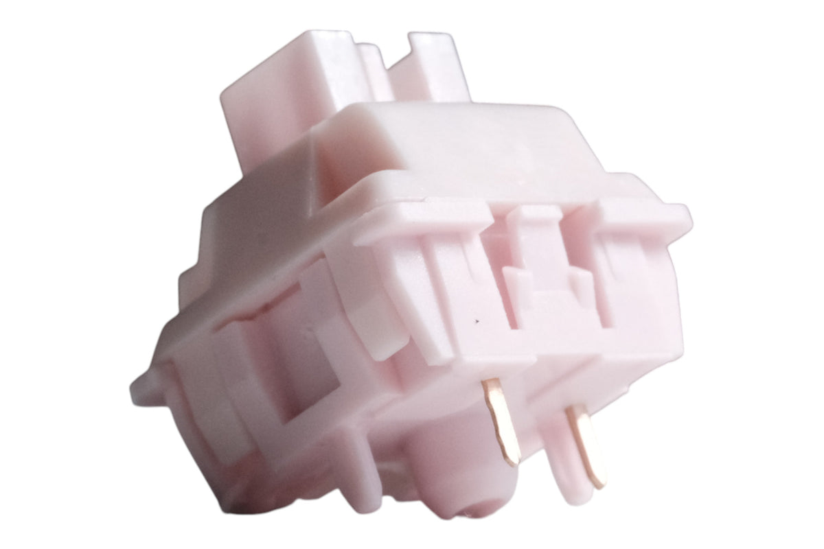 Huano Sakura V2 linear switch in pastel pink, side view with clips and pins