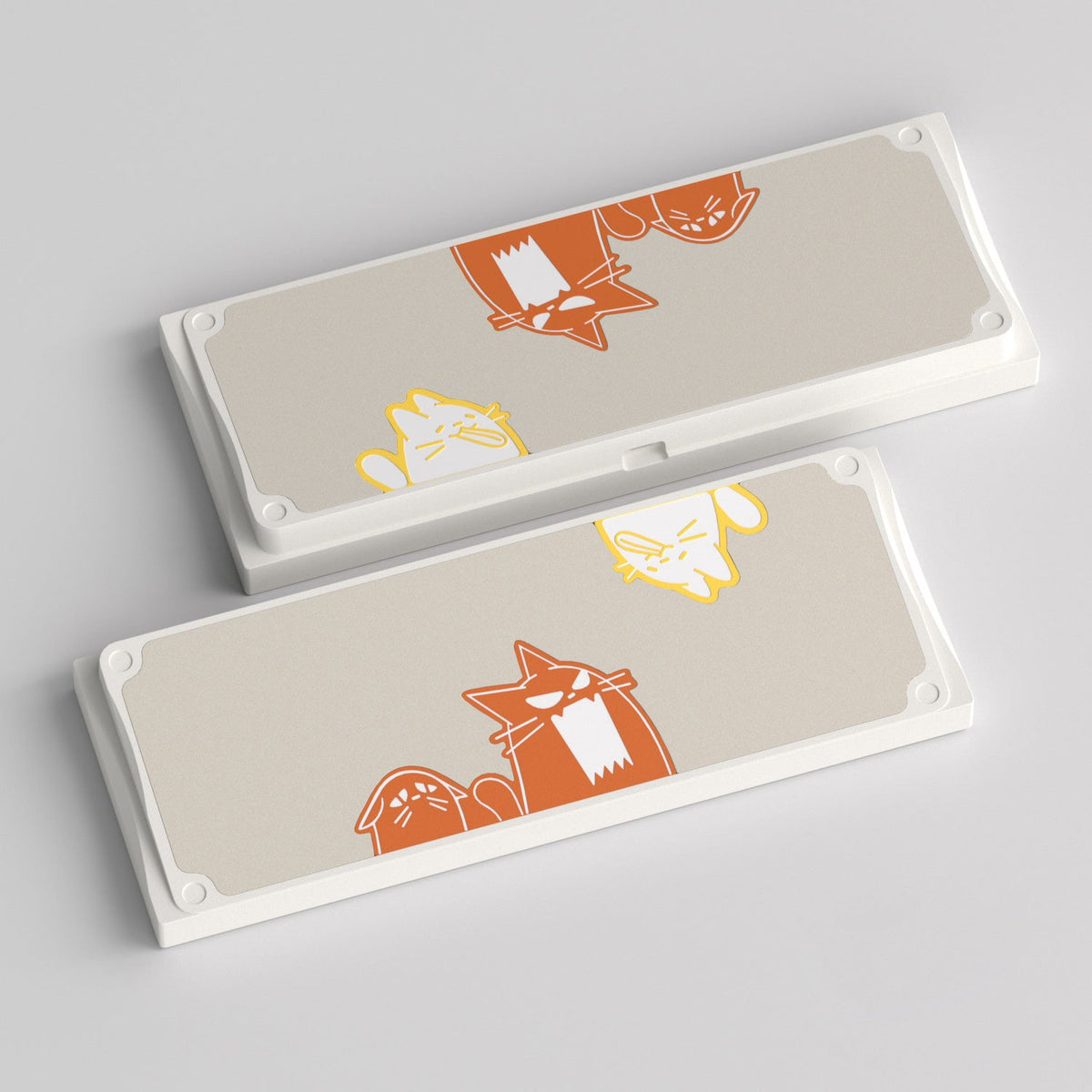 KBDFans Cat60 bottom cases with a white frame, beige panel and orange cats, render