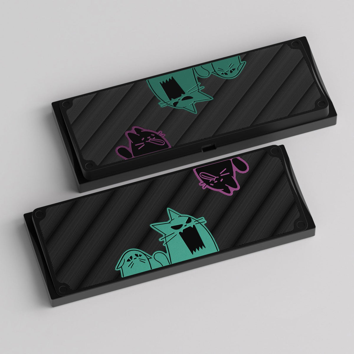 KBDFans Cat60 bottom cases with a black frame, black panel and green cats, render