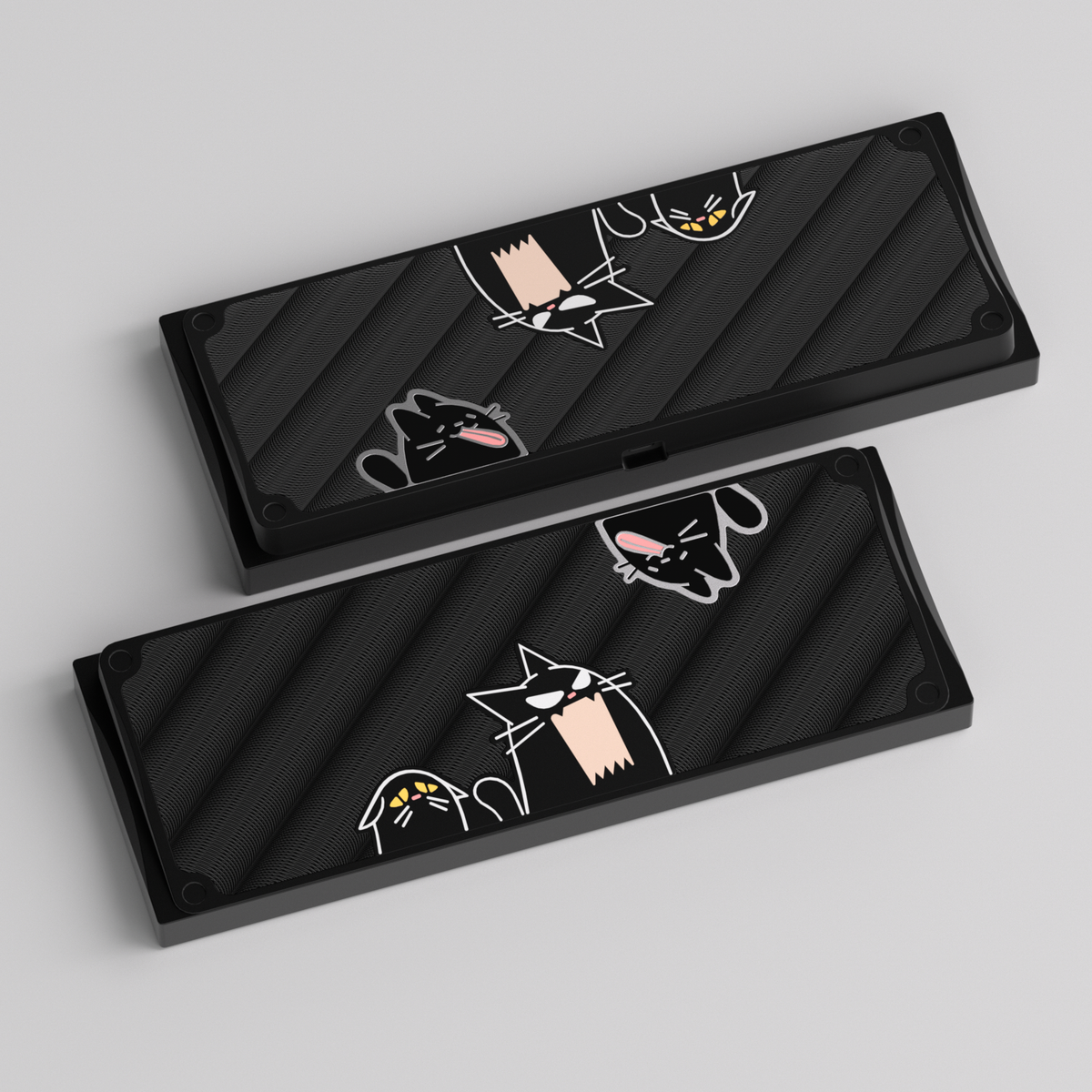 KBDFans Cat60 bottom cases with a black frame, black panel and black cats with white outlines, render