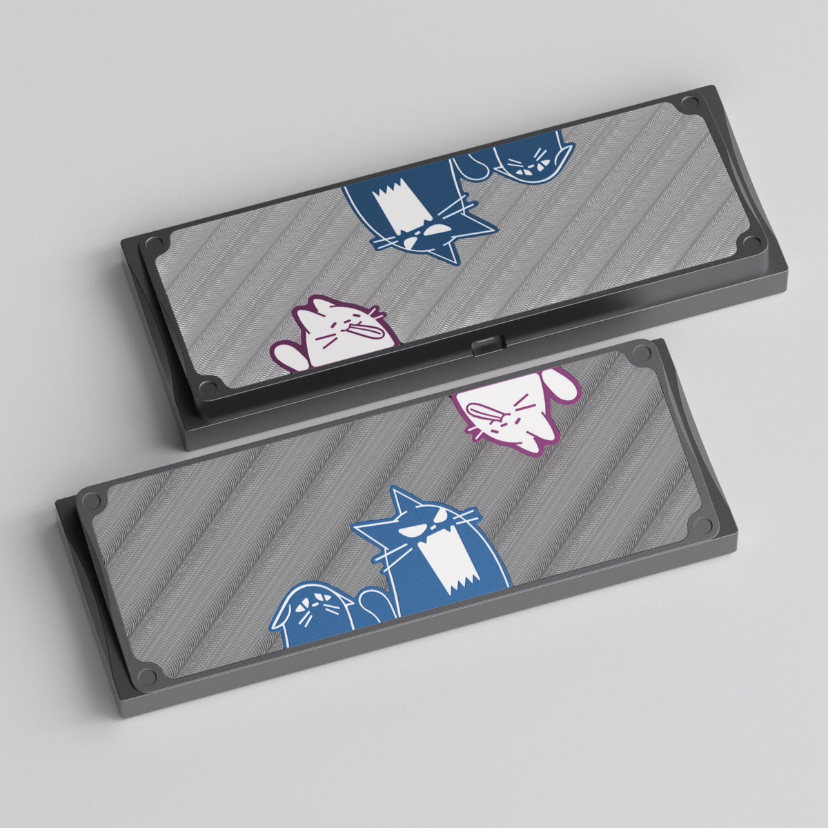 KBDFans Cat60 bottom cases with a grey frame, grey panel and blue cats, render