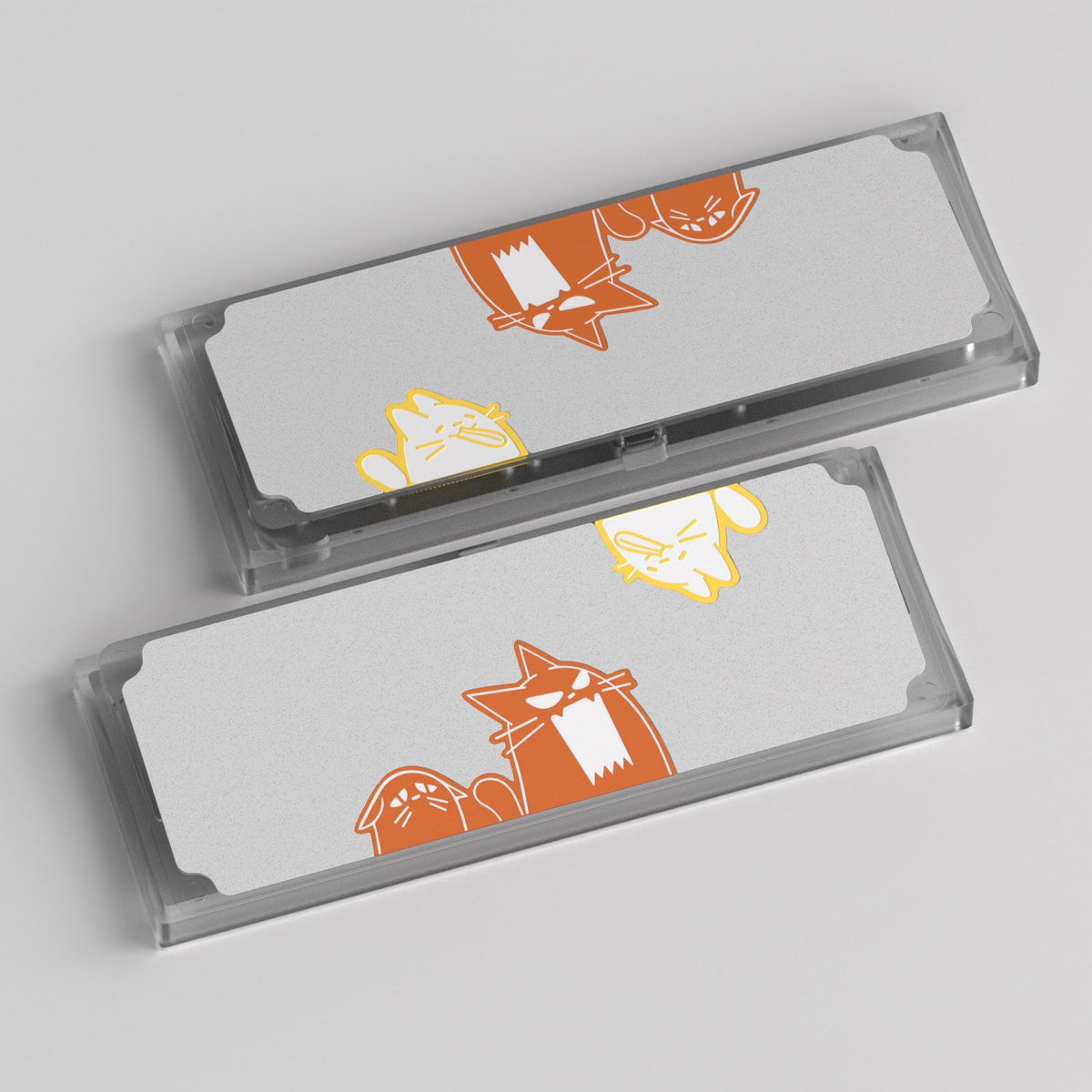 KBDFans Cat60 bottom cases with a clear frame, silver panel and orange cats, render