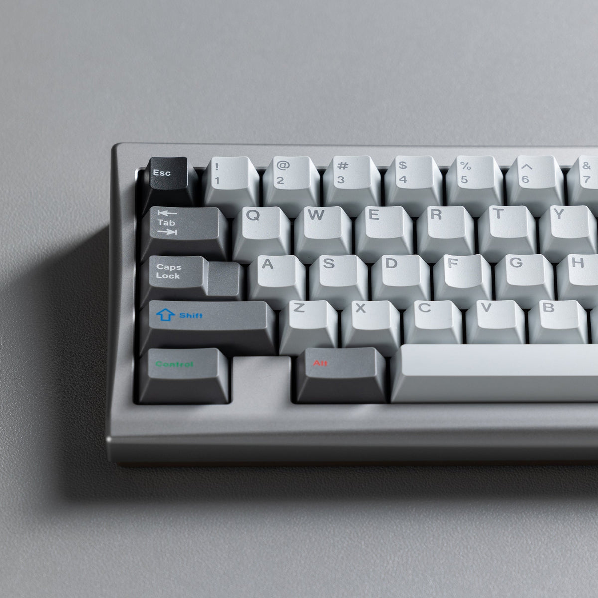 KBDFans KO-Onibi 60% keyboard kit, top view from the left with Esc, Tab and Caps Lock