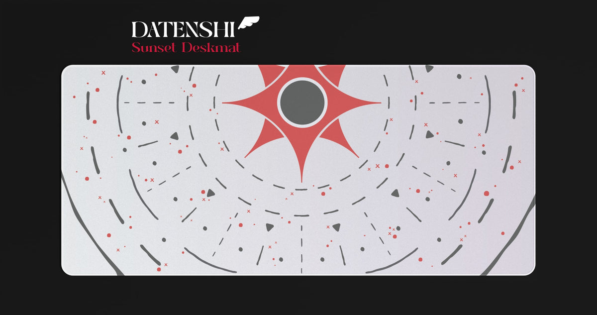 MW Datenshi Sunset Deskmat (Render): rote Sonne mit dunklem Kern auf hellem Grund mit grauen Bögen