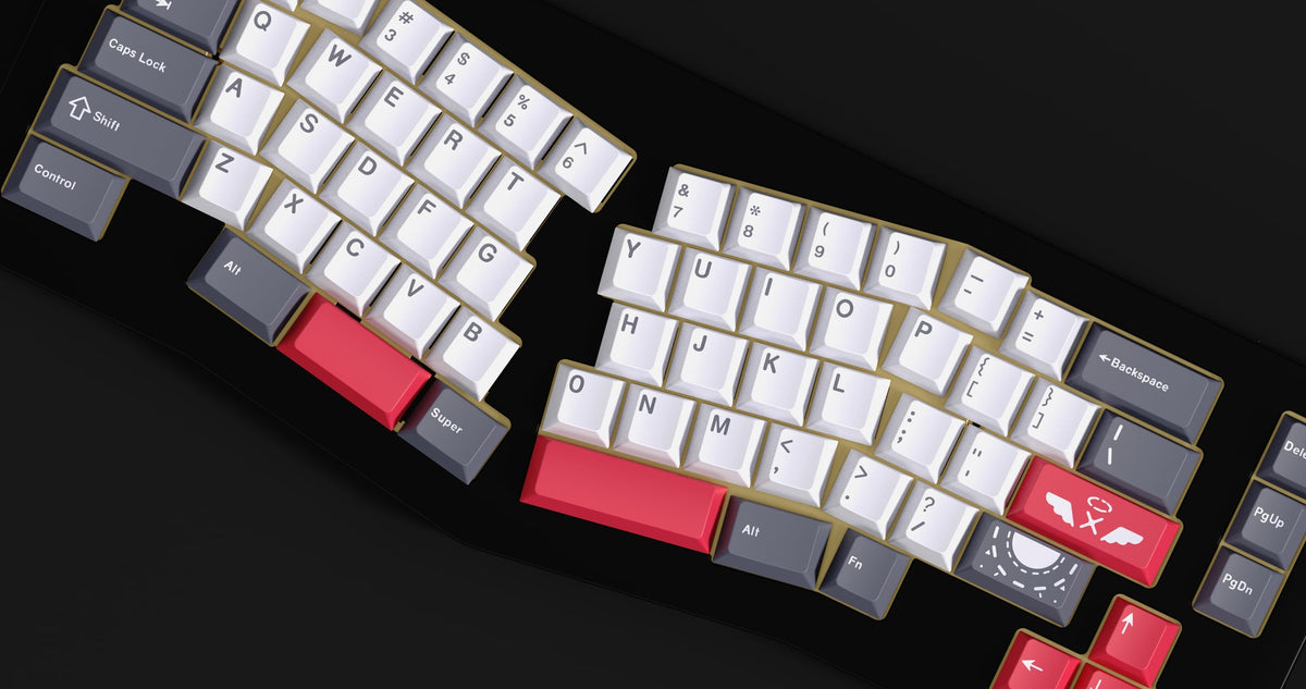 MW Datenshi PBT Keycaps (Render) auf einer schwarzen Alice-Tastatur mit geteilten roten Leertasten