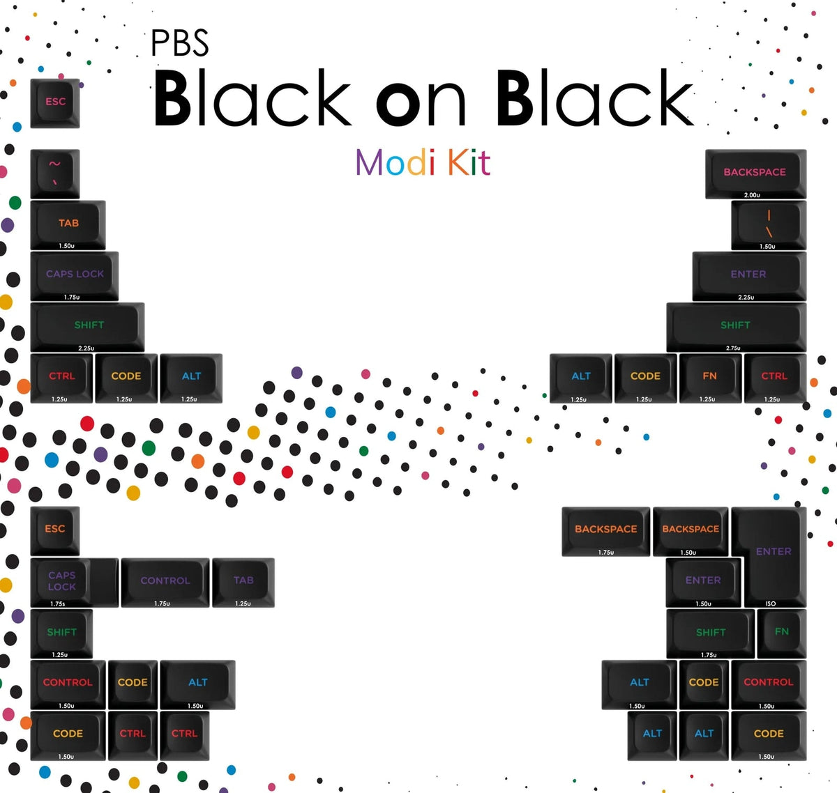 PBS Modi Kit: Modifier in Schwarz mit farbigen Legenden für das PBS WoB White on Black Keycap Set