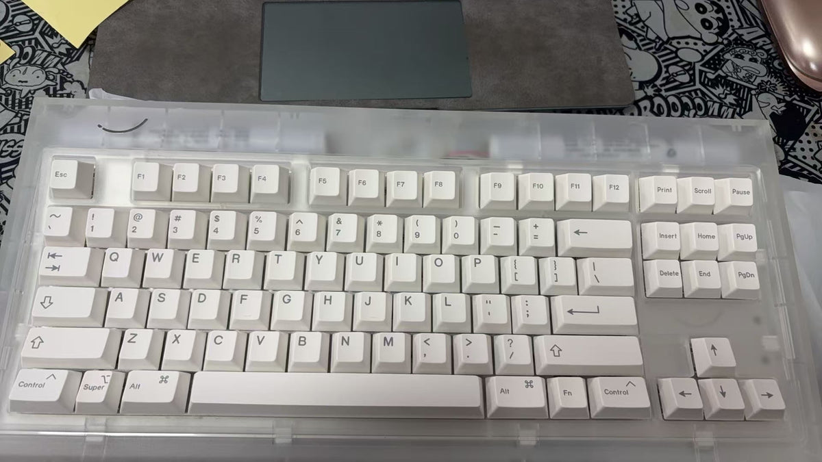 Smurve80 Lume Edition R2 in First Light, 7u bottom row with white PBT keycaps, top view