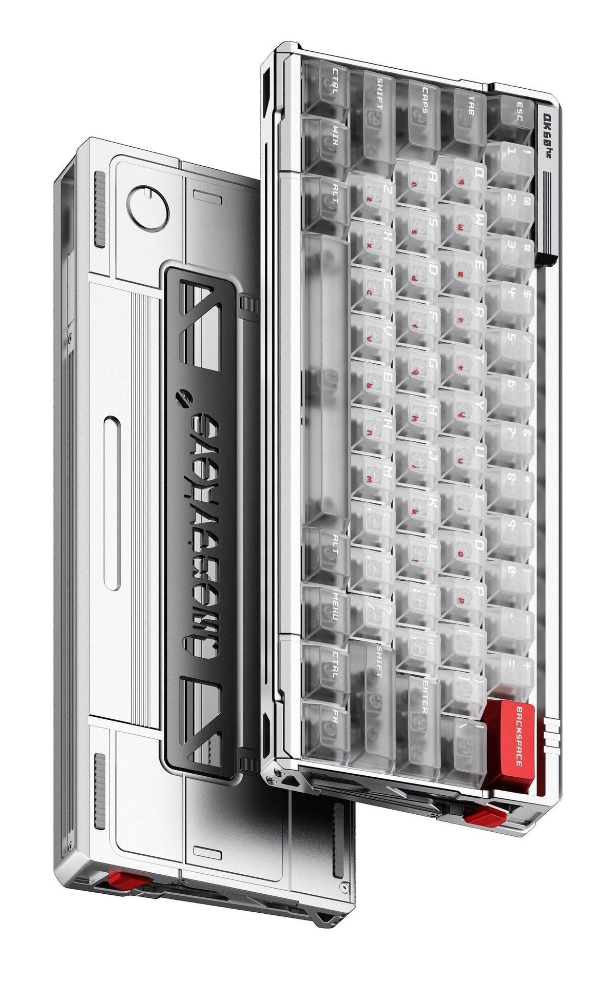 QK60 HE Prebuilt in Aurora Silver mit transparenten Keycaps, Schrägansicht von Ober- und Unterseite auf weißem Grund