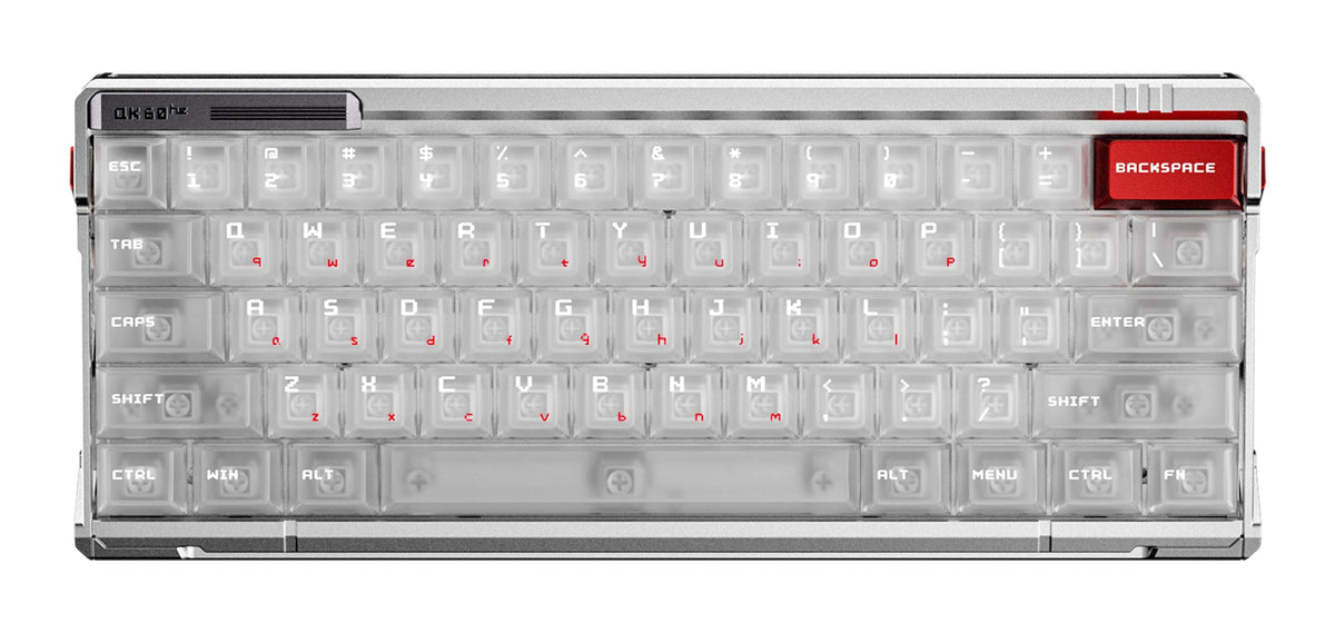 QK60 HE in Aurora Silver, Draufsicht auf das 60 % ANSI-Layout mit transparenten Keycaps und roter Backspace-Taste