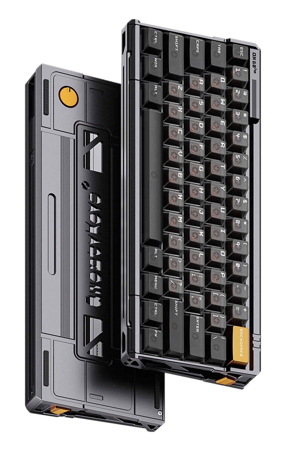 QK60 HE Prebuilt in Meteorite Grey mit dunklen Keycaps, Schrägansicht von Ober- und Unterseite auf weißem Grund