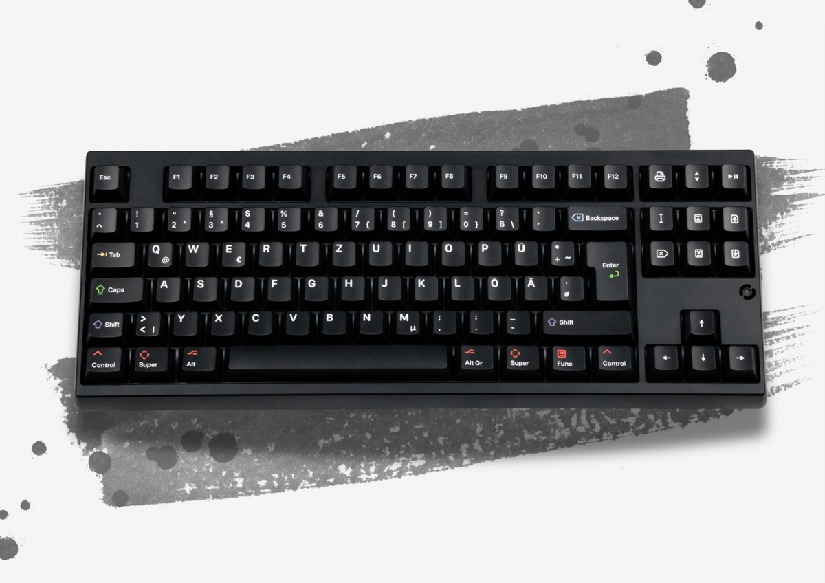 TKL-Tastatur mit schwarzen KAP WoB Double-Shot-PBT-Keycaps und weißer ISO-DE-Beschriftung