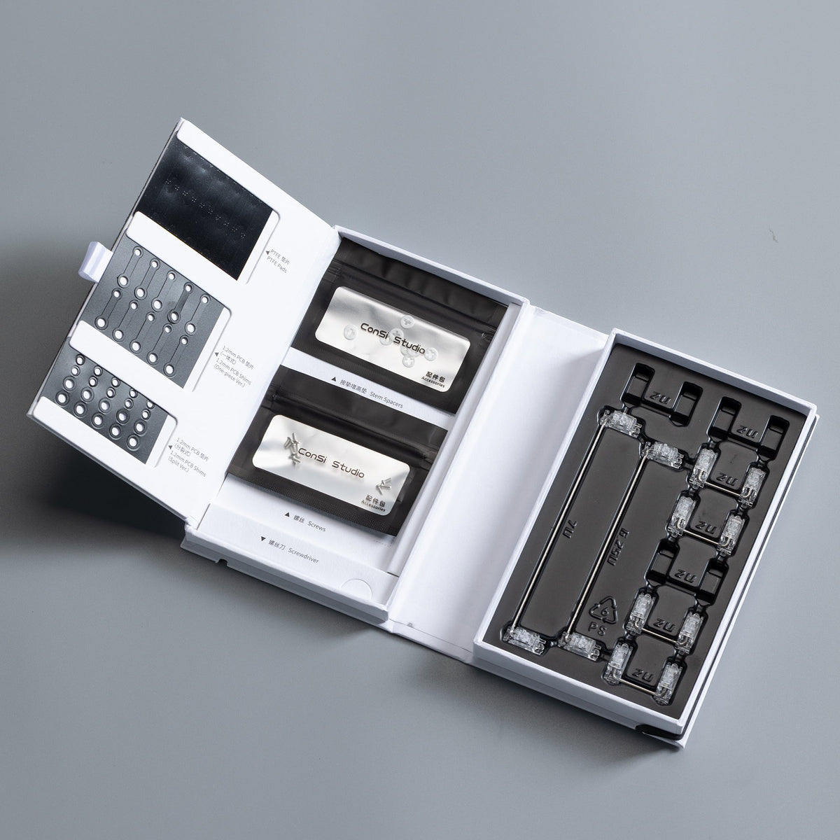 Geöffnete Box der ConSi Studio V3 Stabilizer mit Stabilizern, PTFE-Pads, PCB-Shims, Stem-Spacern und Schrauben