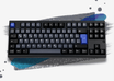 KAP Disconnected Dark Keycaps in black and grey with blue Esc and Enter keys, top view on a black case