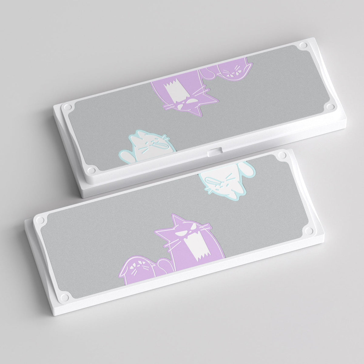 KBDFans Cat60 bottom cases with a white frame, light grey panel and purple cats, render