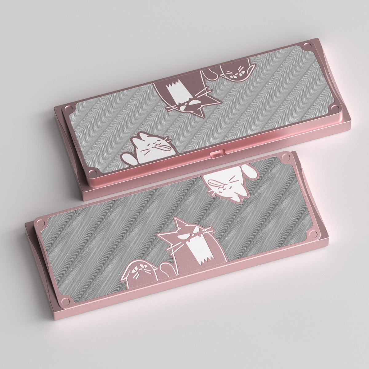 KBDFans Cat60 bottom cases with a pink frame, grey panel and pink cats, render