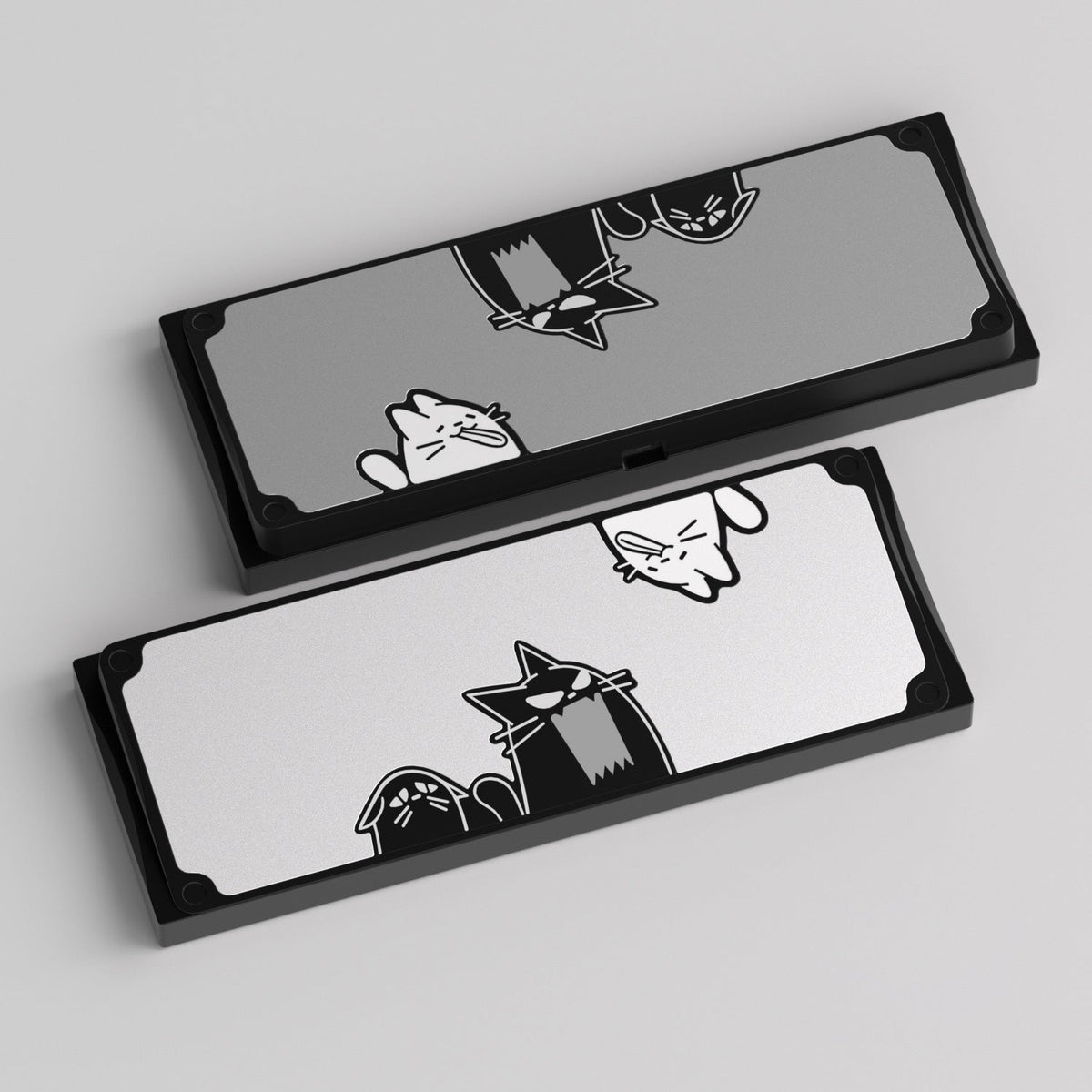 KBDFans Cat60 bottom cases with a black frame, silver panel and black-and-white cats, render