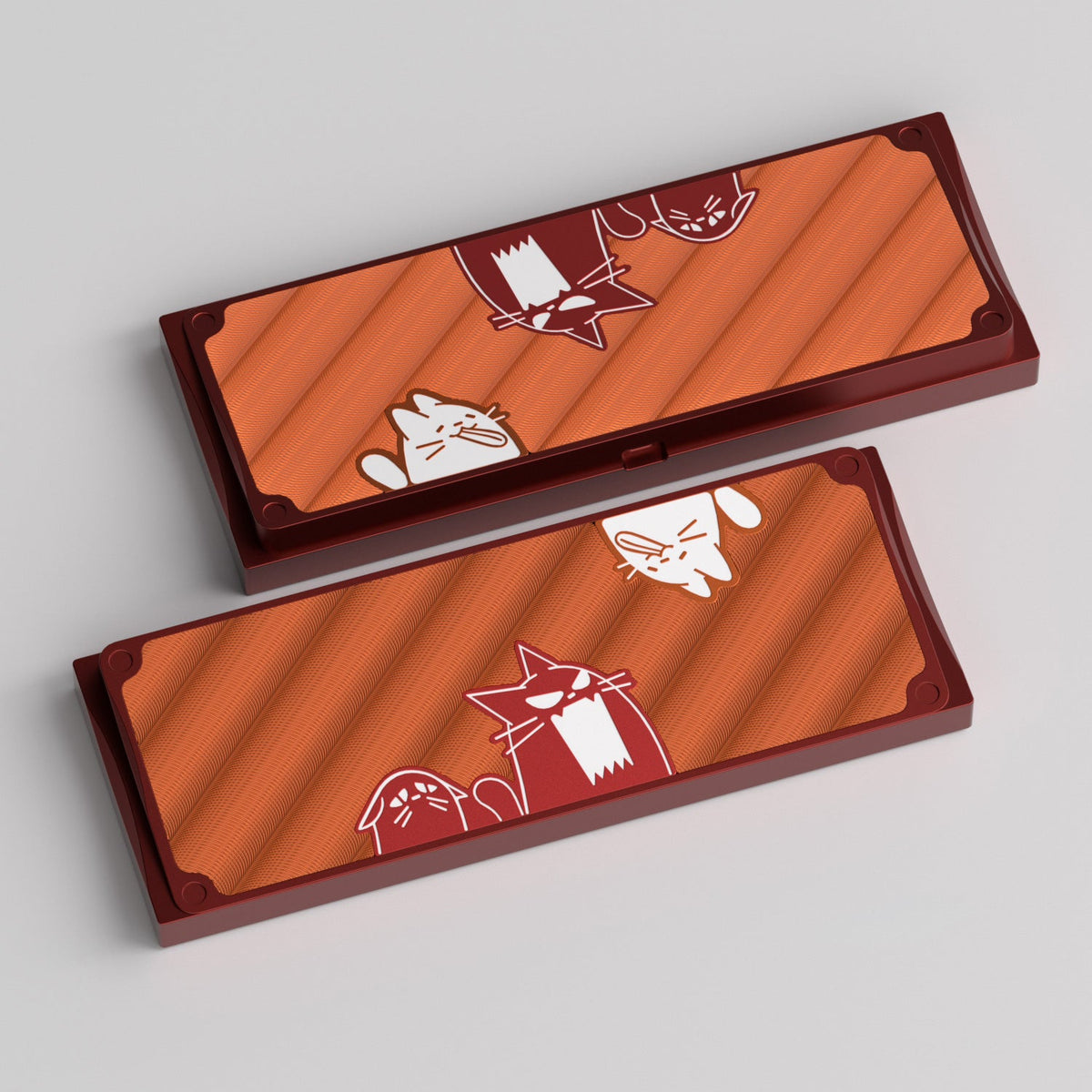 KBDFans Cat60 bottom cases with a dark red frame, orange panel and white cats, render