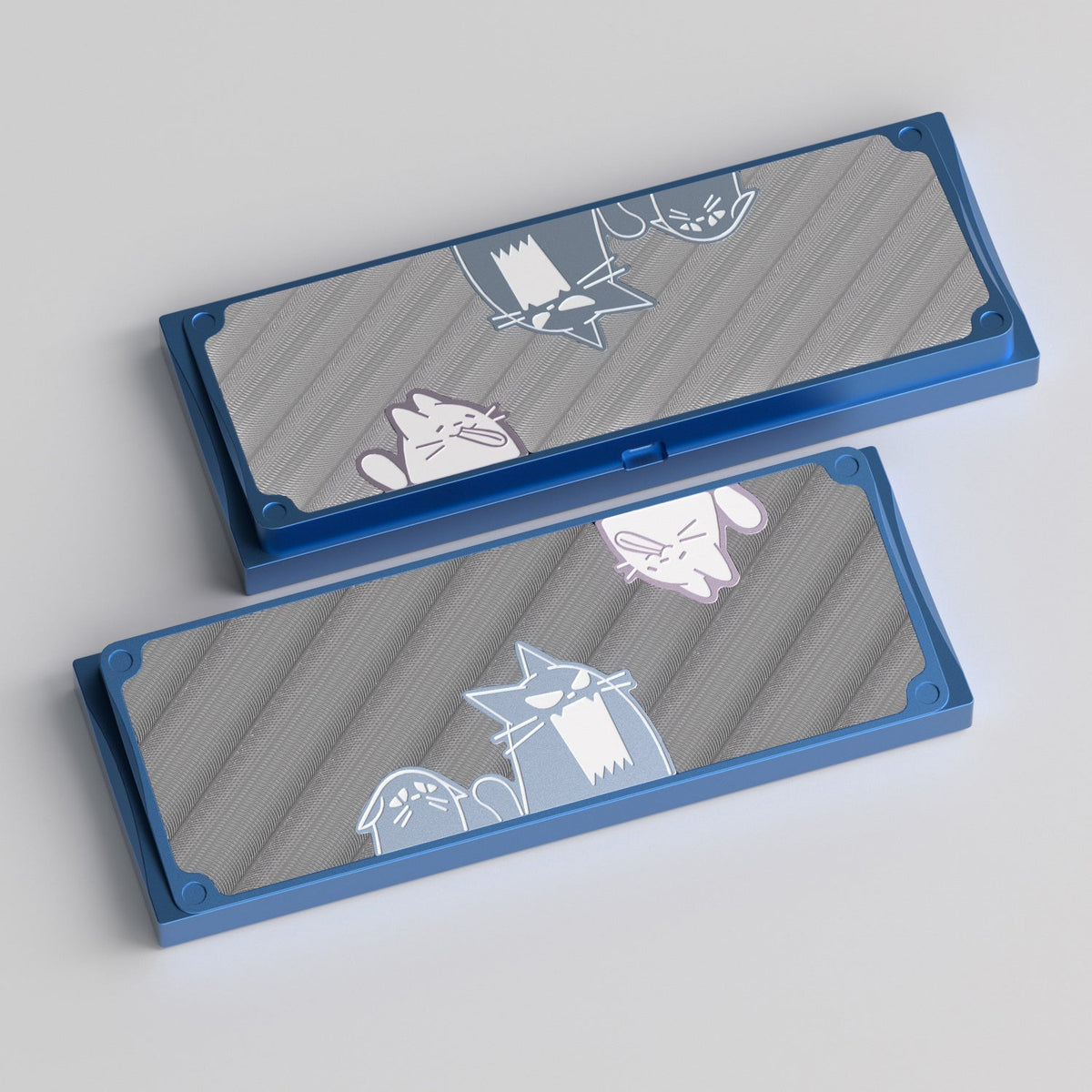 KBDFans Cat60 bottom cases with a blue frame, grey panel and white cats, render
