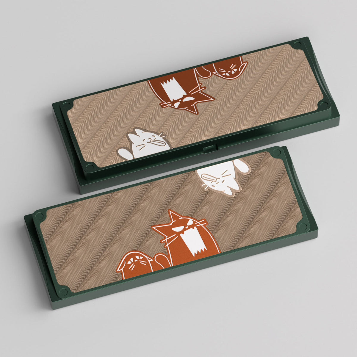 KBDFans Cat60 bottom cases with a dark green frame, tan panel and orange cats, render