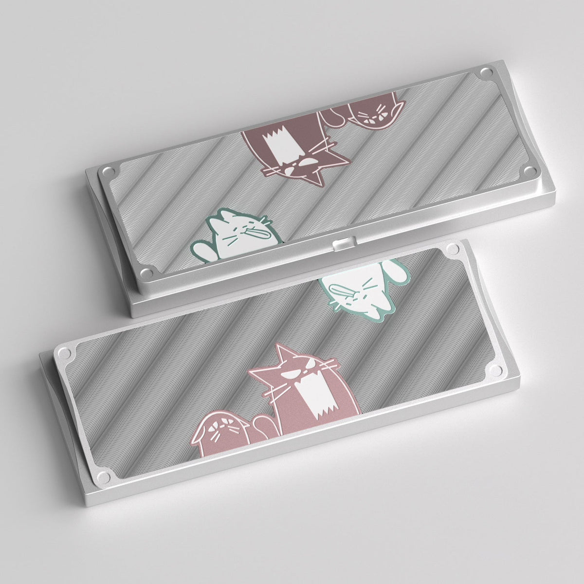 KBDFans Cat60 bottom cases with a silver frame, silver panel and pink and mint cats, render