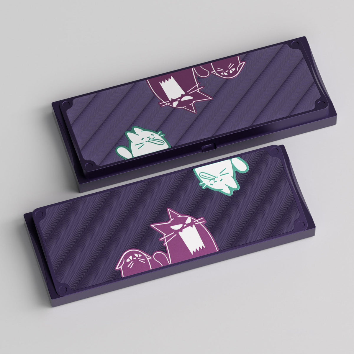 KBDFans Cat60 bottom cases with a purple frame, dark purple panel and mint cats, render
