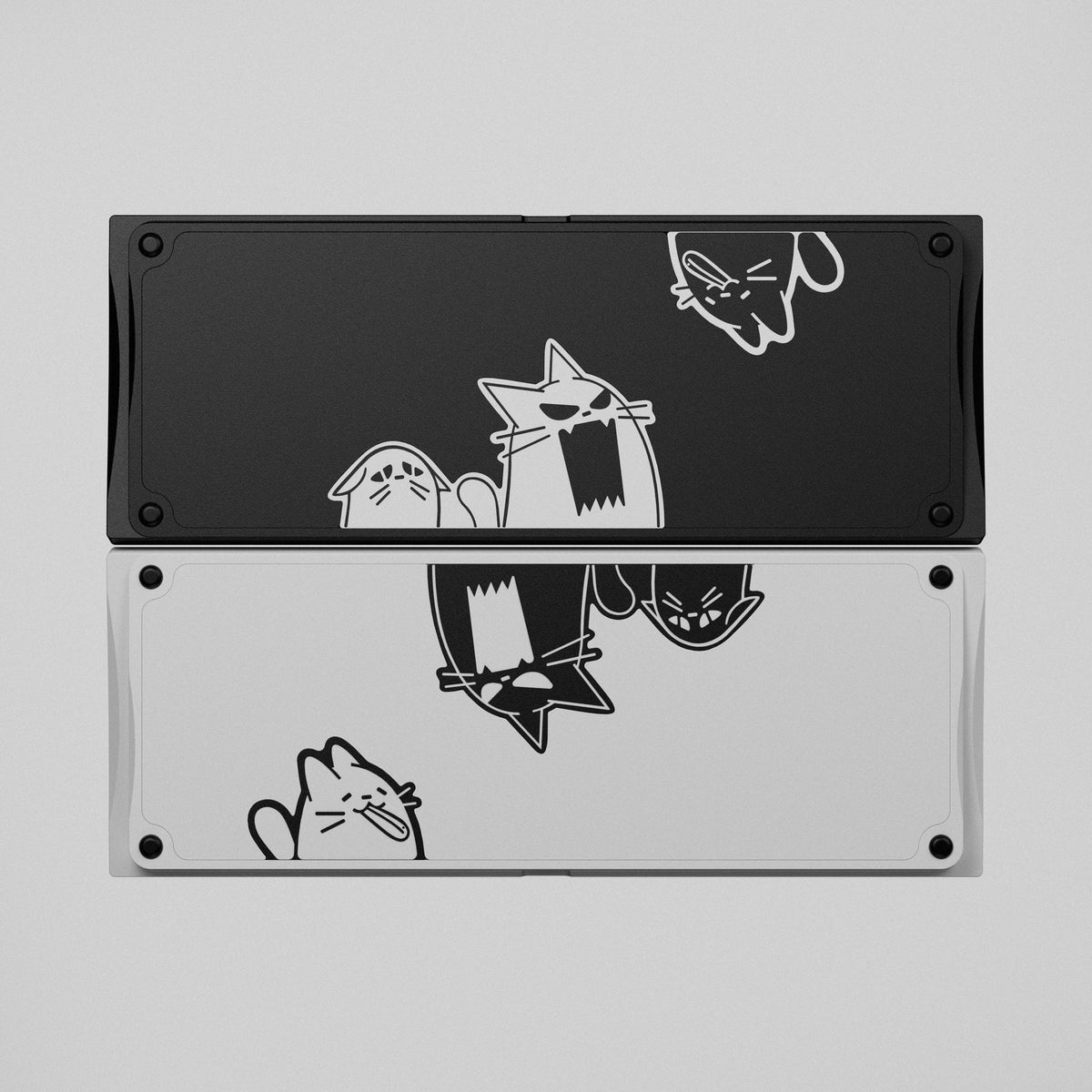 KBDFans Cat60 bottom cases in black and white with printed cat motifs, render