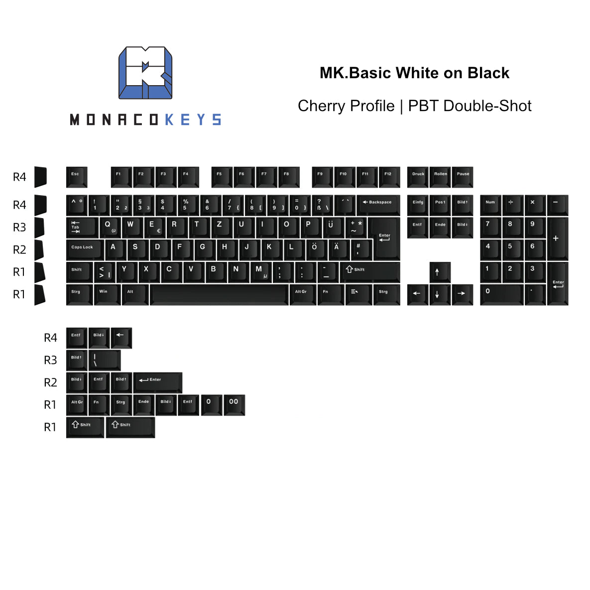 MK Essential White on Black Kit-Übersicht: alle Tasten im Cherry-Profil, PBT Double-Shot