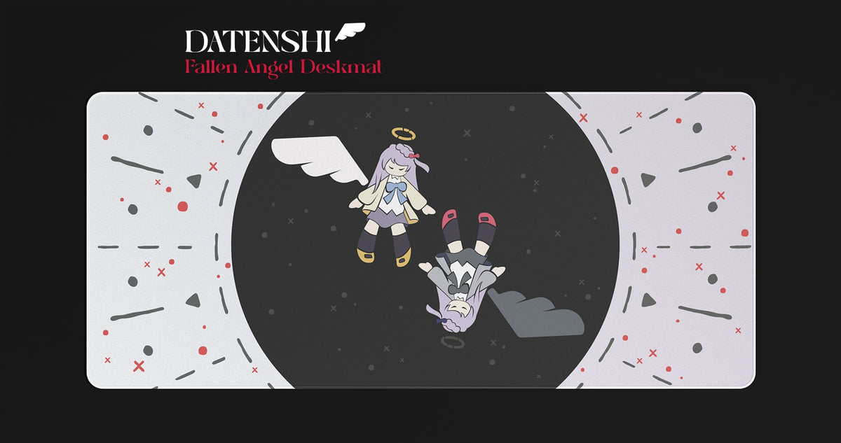 MW Datenshi Fallen Angel Deskmat (Render): fallender Engel im dunklen Kreis auf hellem Grund mit roten Akzenten