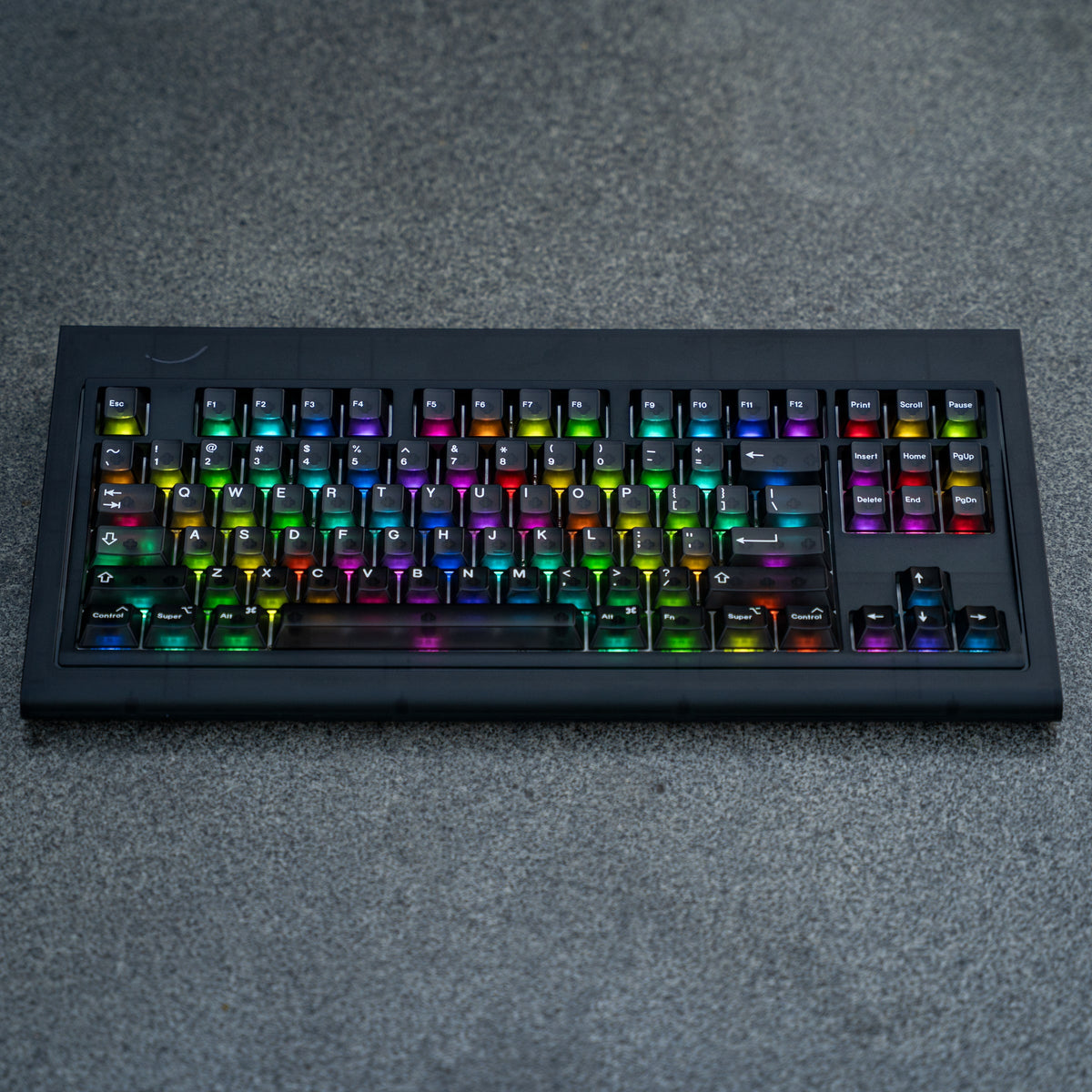 Smurve80 Lume Edition R2 in Last Night, 6.25u bottom row with transparent PC keycaps and colourful RGB, top view
