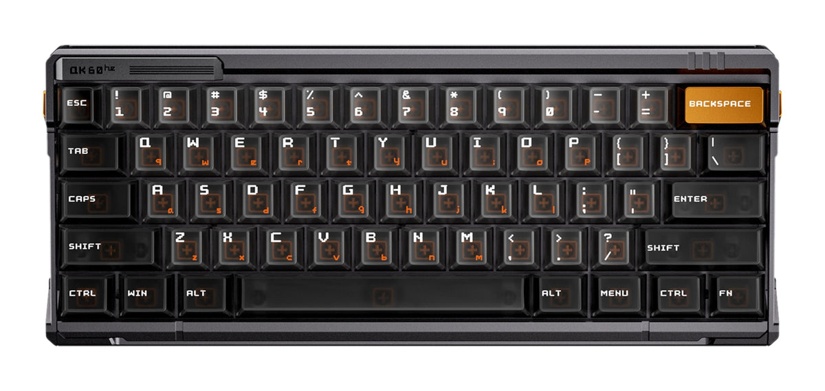 QK60 HE in Meteorite Grey, Draufsicht auf das 60 % ANSI-Layout mit orangefarbener Backspace-Taste