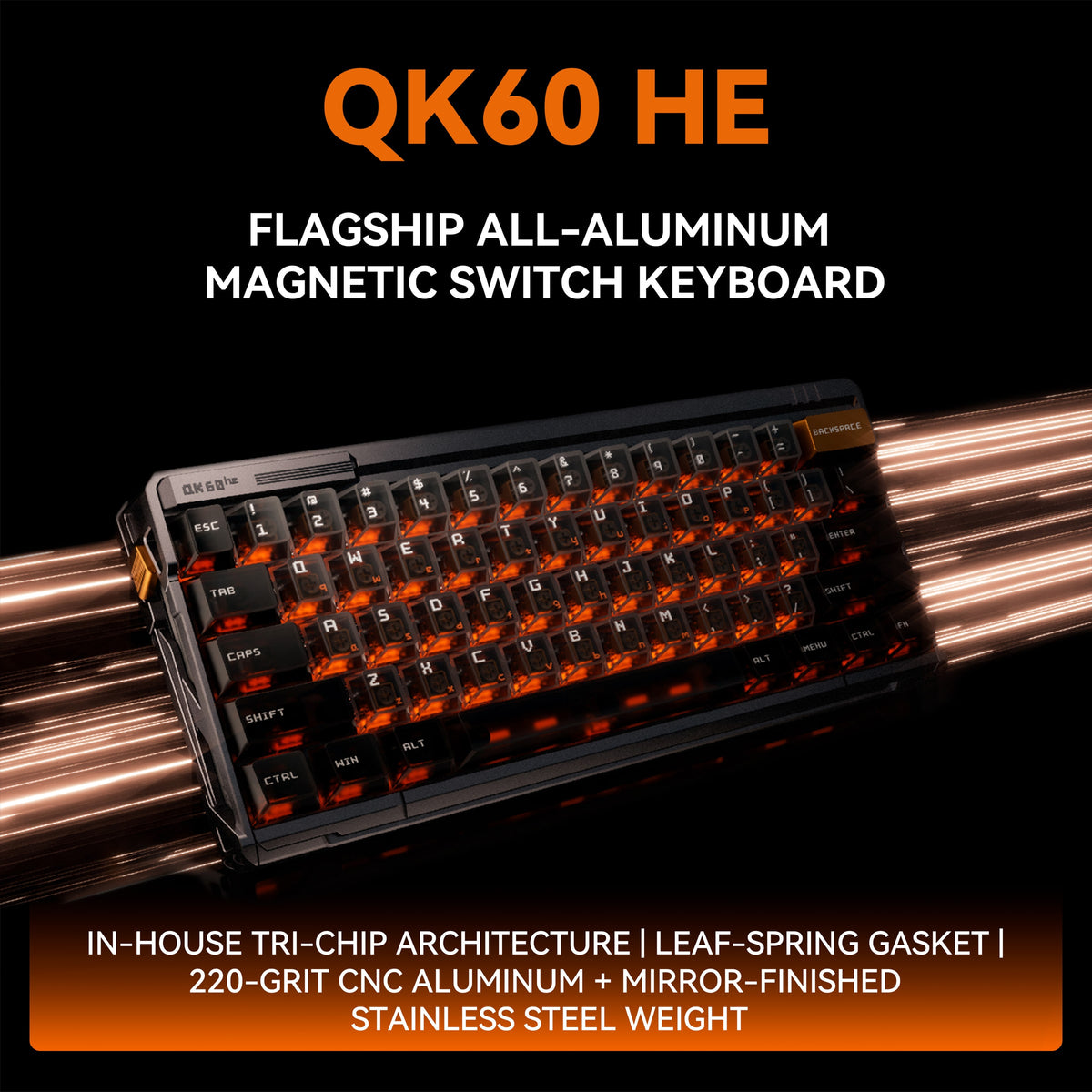 QK60 HE Render: dunkle Magnet-Switch-Tastatur mit orange beleuchteten Keycaps vor Lichtstreifen